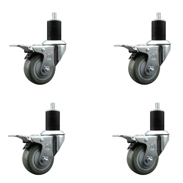 3'' Gray Poly Swivel 1-3/4'' Expanding Stem Caster Set Total Lock Brake, 4PK